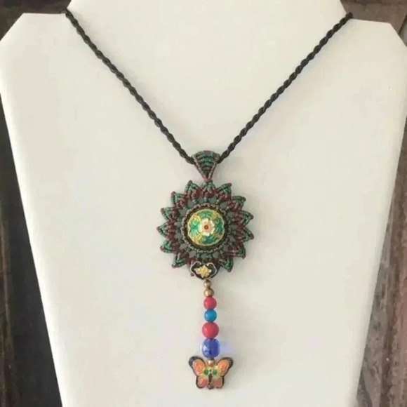 Ethnic Handmade Enamel Gold Butterfly Woven Necklace NWT - Picture 1 of 5